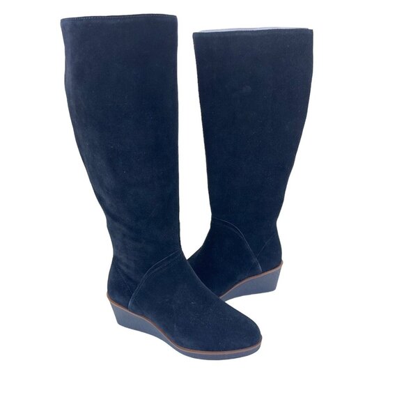 Aerosoles Binocular Women SZ 7W Black Suede Leather Knee Boots-2.5” Wedge Heels - Picture 9 of 16